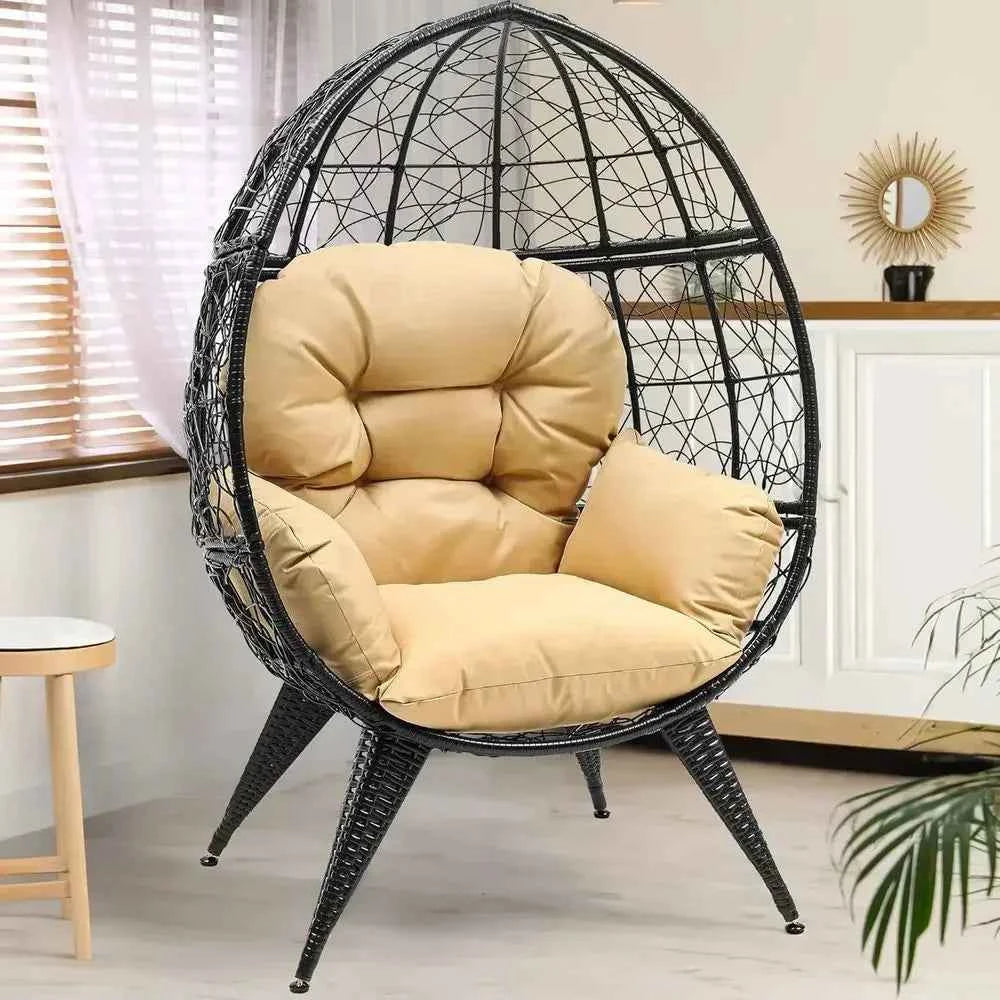 Oversized Wicker Egg Chair with Adjustable Stand, Cushion, and 350lbs Capacity for Indoor or Outdoor Use