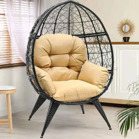 Oversized Wicker Egg Chair with Adjustable Stand, Cushion, and 350lbs Capacity for Indoor or Outdoor Use