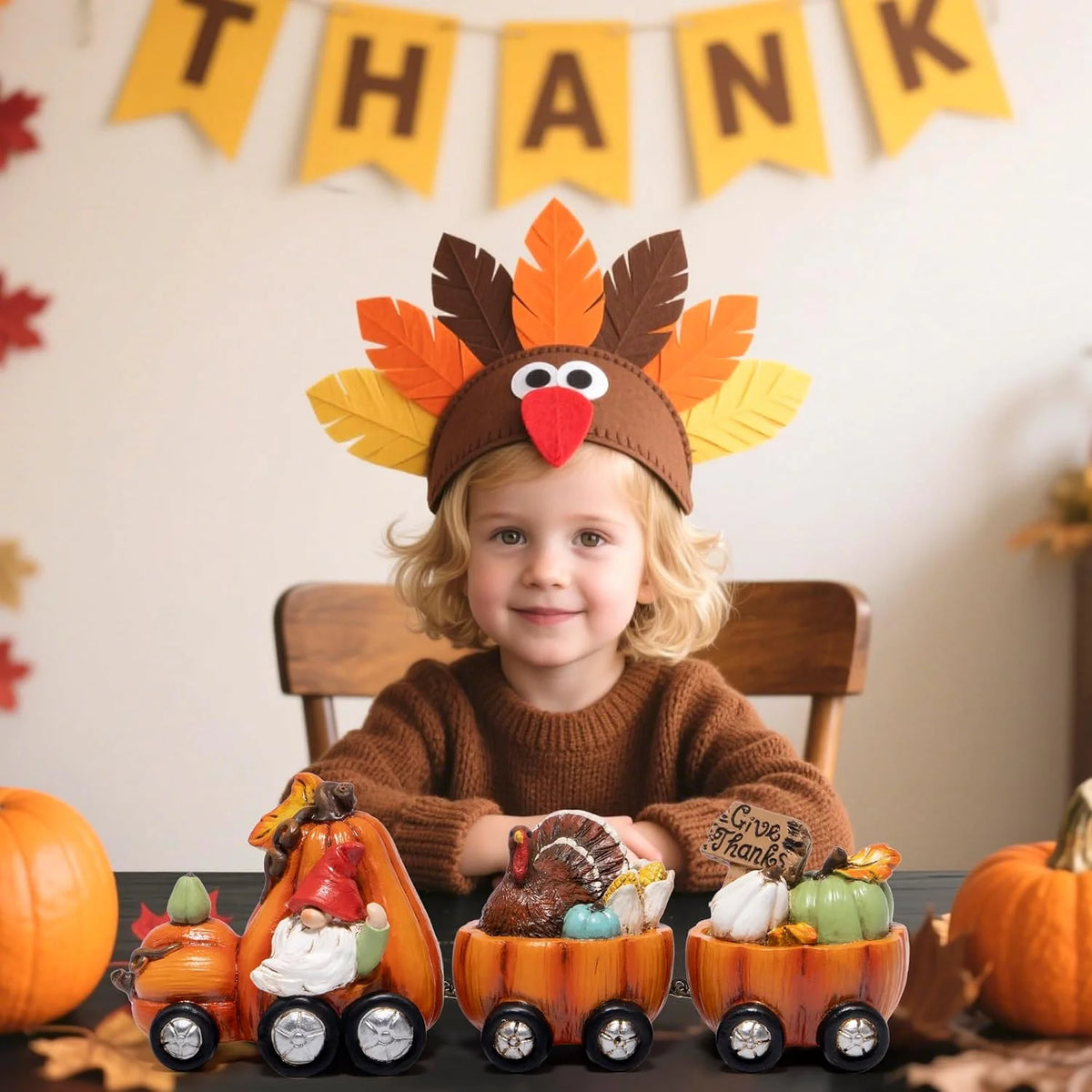 Hodao Resin Thanksgiving Pumpkin Train Figure, 3-Car Fall Harvest Decoration with Gnome, Turkey, Corn, Pumpkins & Give Thanks Sign, 7.8" Long Autumn Farmhouse Tabletop Centerpiece, Seasonal Shelf Mantel Decoration