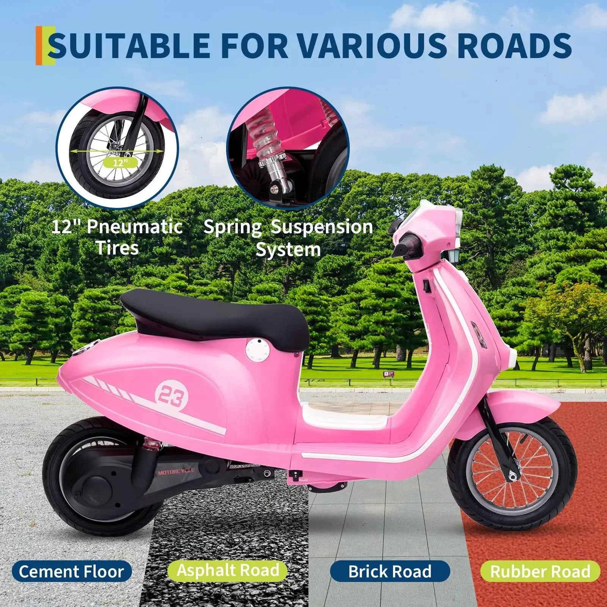 24V Electric Moped For Kids of Ages 8-14, 350W Ride On Moped, 14 MPH, Dual 10Ah Batteries, 12in Pneumatic Tires, Suspension