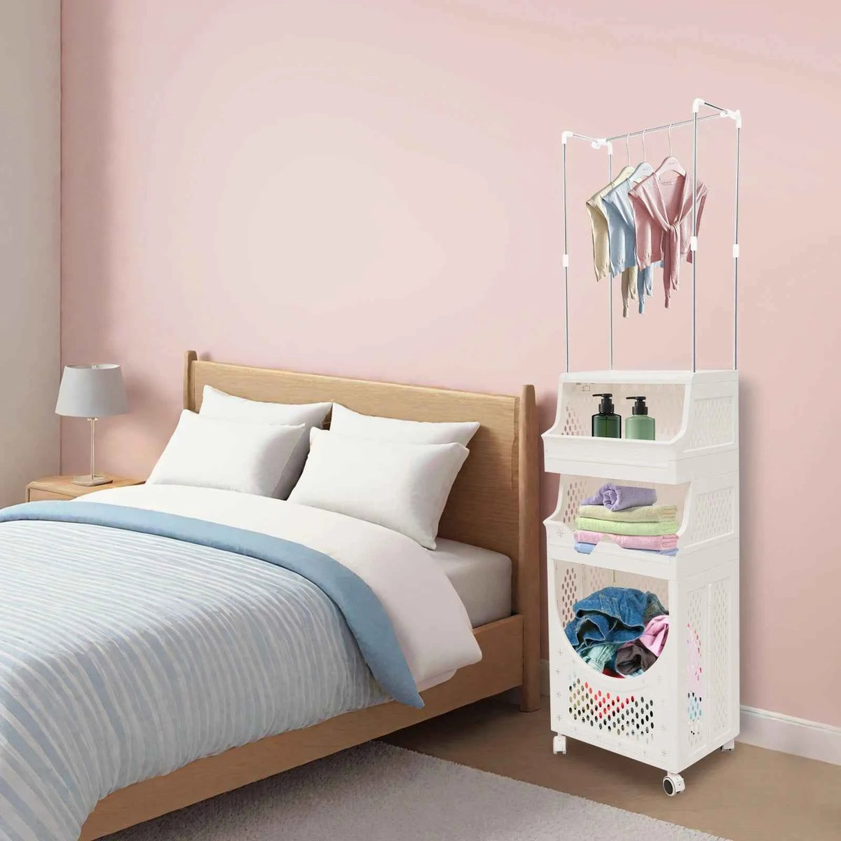 Laundry Basket with Wheels Laundry Hamper Cart with Clothes Rack Dirty Clothes Hamper