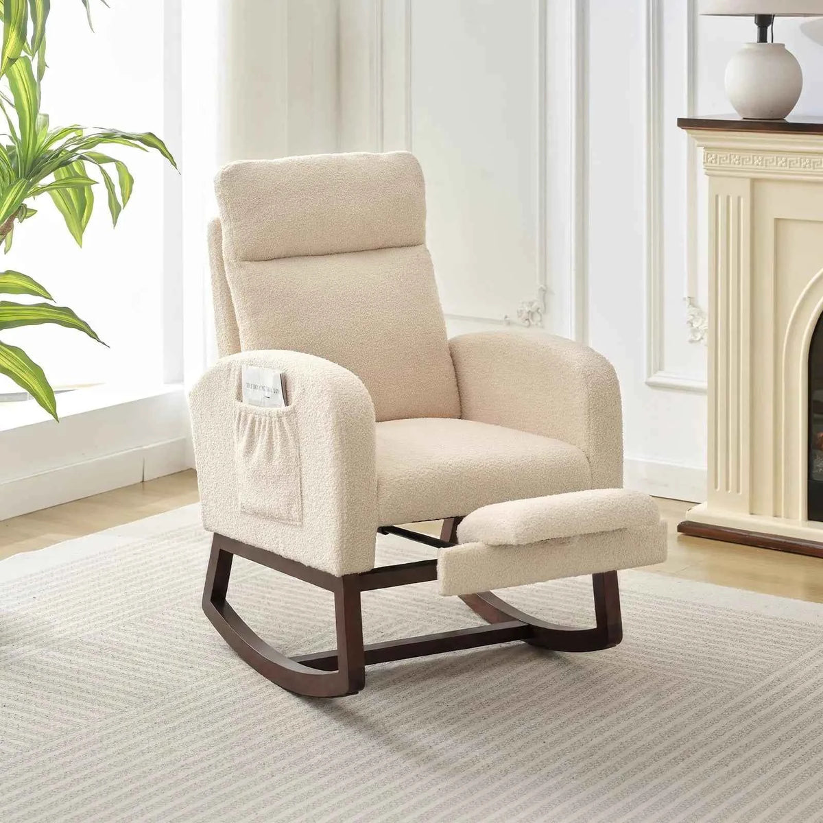 Modern Nursery Rocking Chair, Teddy Upholstered Rocking Chair with Footrest, & with Side Pocket, Rocker Glider for Living Room, Bedroom, Nursing Room
