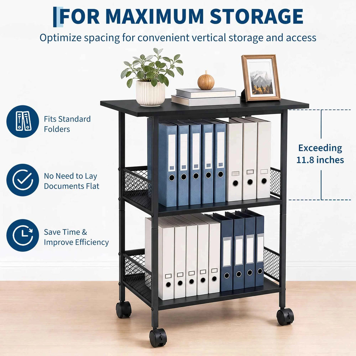 3-Tier Printer Stand with Storage Shelves, Mobile Heavy Duty Rolling Rack on Wheels for Large Printers, Black Industrial MDF and Iron,