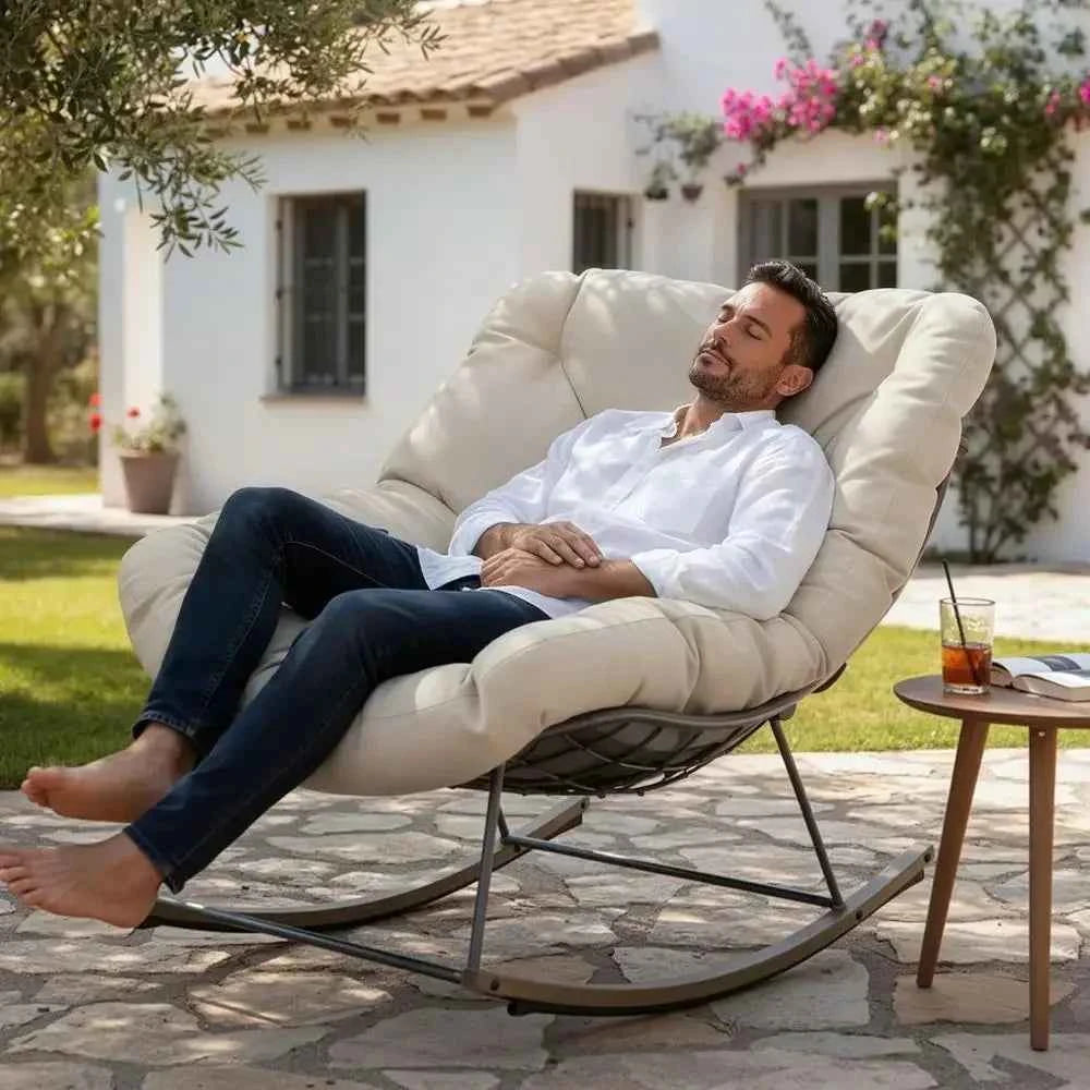 Oversized Outdoor Rocking Chair with Cushion, Egg-shaped Papasan for Patio, Garden, Beige