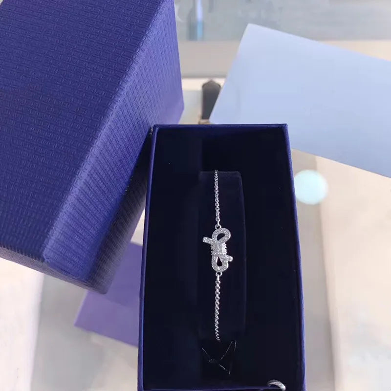 Buy One Get One Free S925 Sterling Silver Full Diamond Silver Bow Drawstring Bracelet for Women, Charm Bracelet
