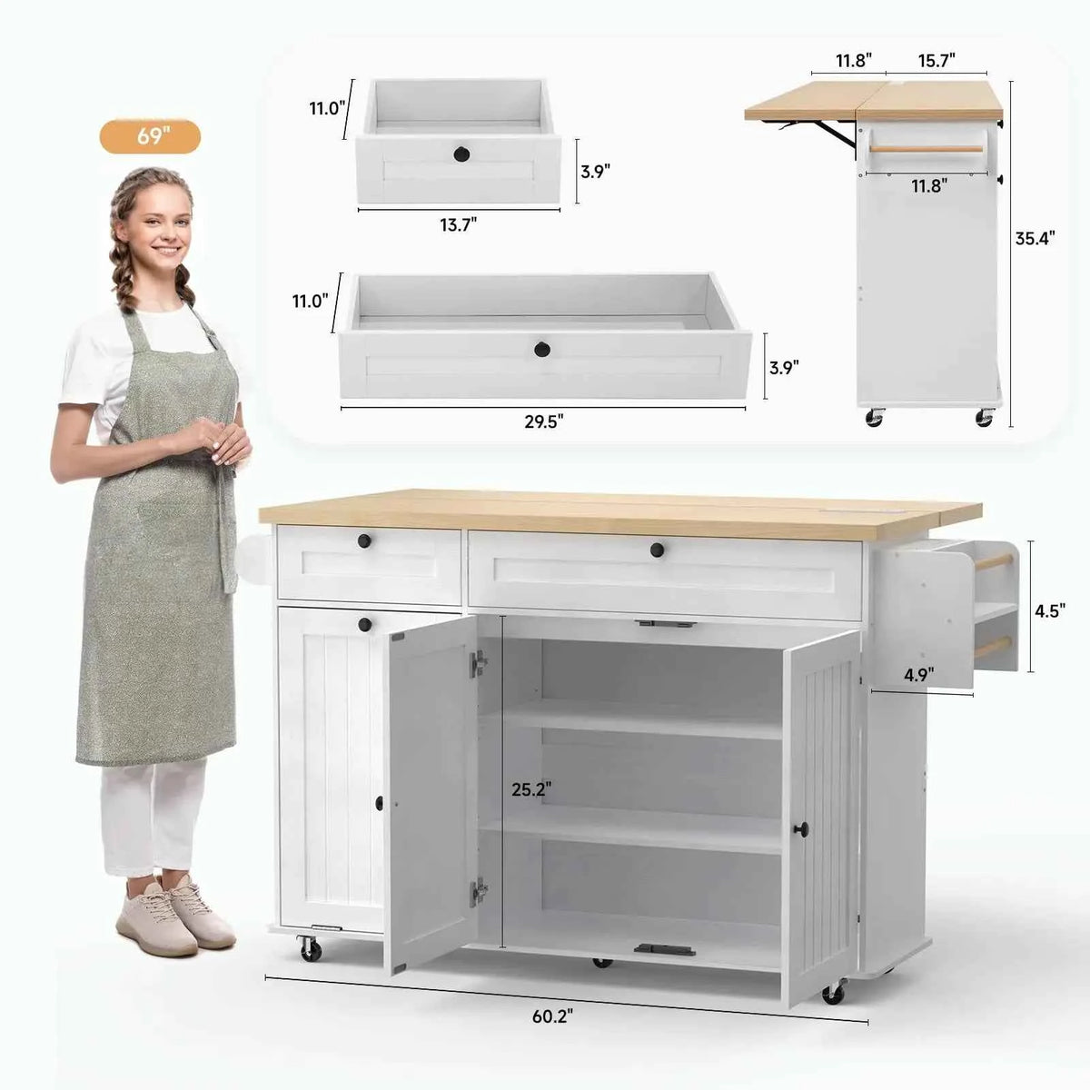 60" Mobile Kitchen Island Cabinet. Table Drop Leaf for additional space. With  Power Outlet, Spice & Towel Racks, Drawers and knife holders, Trash
