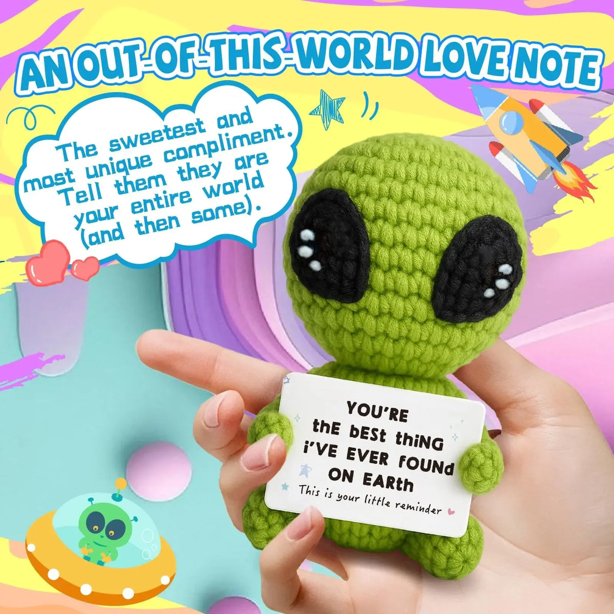 1pc A Fun And Inspiring Crocheted Alien Gift, A Delicately Crafted And Uniquely Cute Toy Doll, Complete with A Positive Card. A Novel Anniversary, Valentine's Day, or Birthday Gift, And A Special Decorative Present, Amigurumi