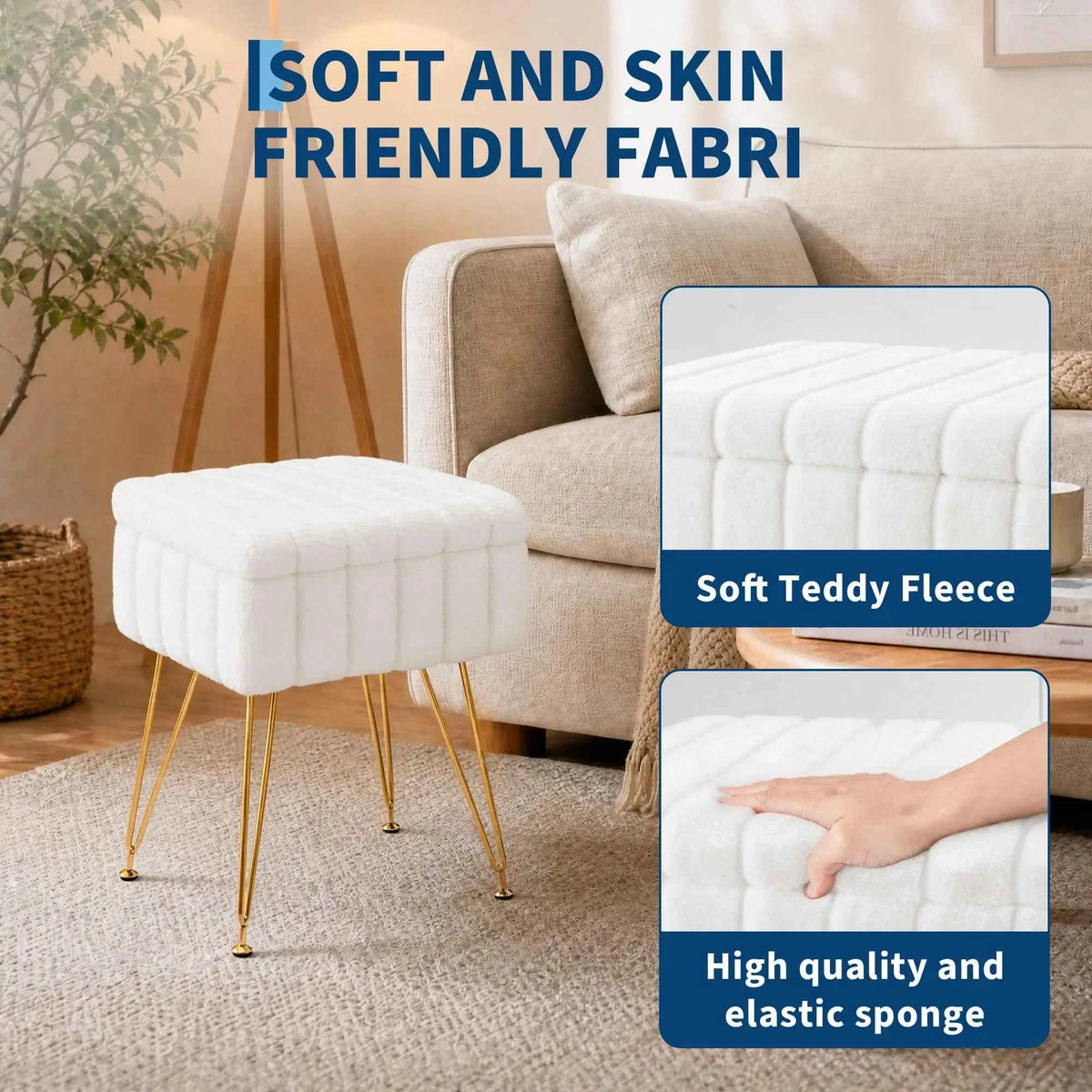 Vanity Stool With Storage, Faux Fur Ottoman With Gold Metal Legs, Soft Padded Makeup Seat Foot, Rest For Bedroom, Living Room