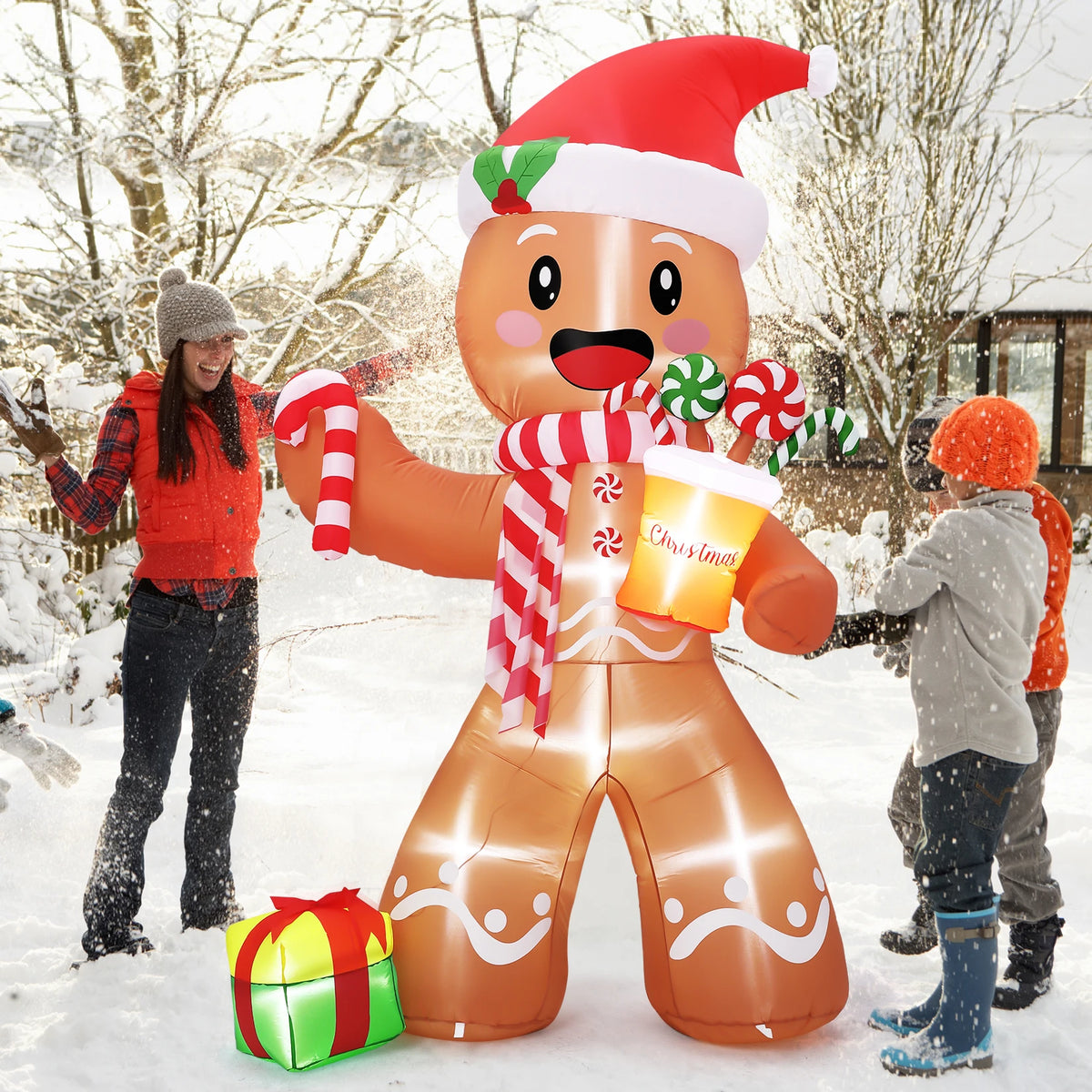 8ft Christmas Gingerbread Man Inflatable With Led Lights, Blow Up Outdoor Yard Decoration For Lawn, Garden, Porch, Indoor. Holiday Party Decor