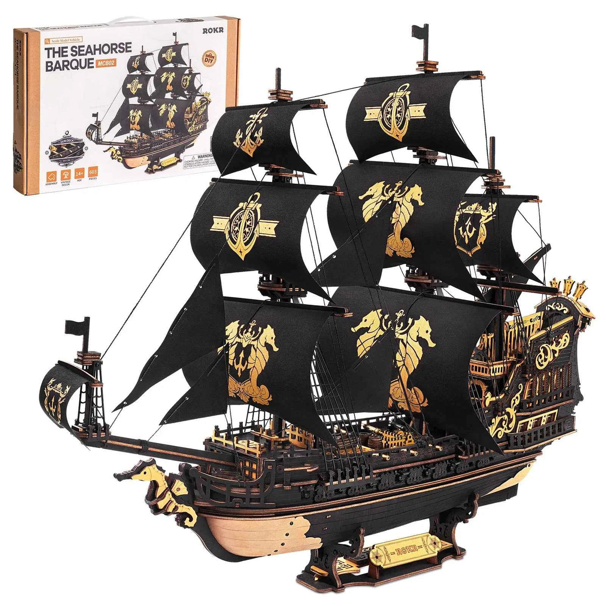 ROKR Seahorse Barque Wooden 3D Puzzle. 1:100 Scale DIY Sailboat Model Building Kit. 603 Pieces Brain Teasers Jigsaw Toy for Adults,  Boys
