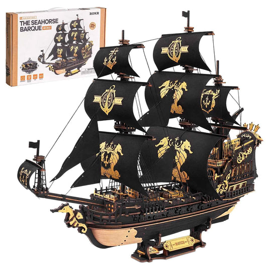 ROKR Seahorse Barque Wooden 3D Puzzle. 1:100 Scale DIY Sailboat Model Building Kit. 603 Pieces Brain Teasers Jigsaw Toy for Adults,  Boys