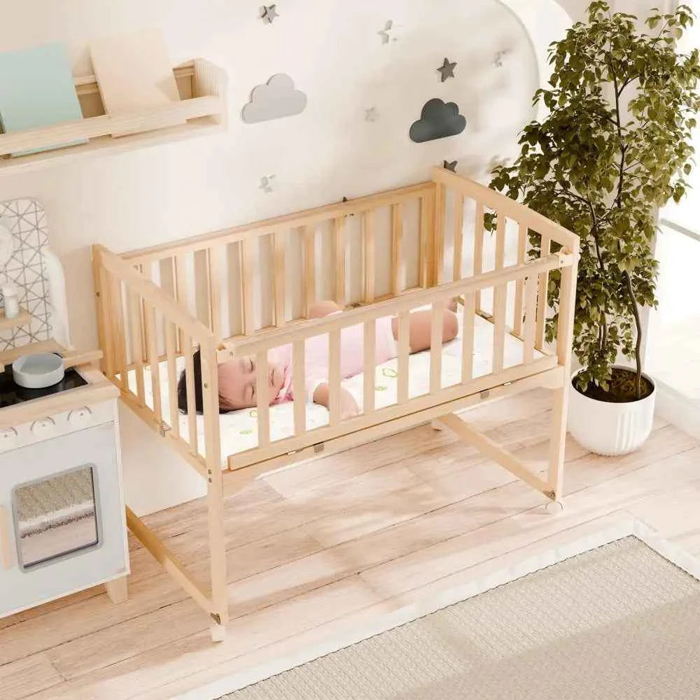 Detachable Fence Baby Crib, lightweight baby Crib with Wheels, Easy to Move around the Room, Made of Pine Wood Material