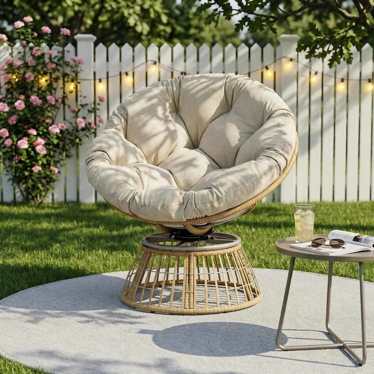 Swivel Papasan Outdoor Wicker Patio Lounge Chair with Thick Cushion, All-Weather Rattan Accent Chair for Backyard, Porch, Garden