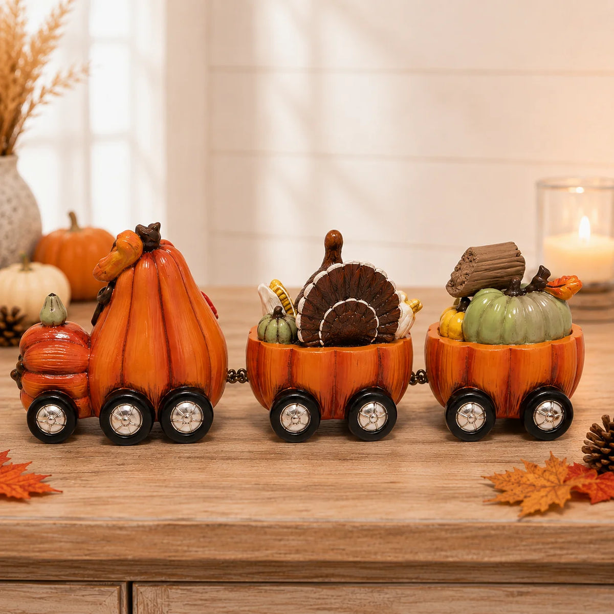 Hodao Resin Thanksgiving Pumpkin Train Figure, 3-Car Fall Harvest Decoration with Gnome, Turkey, Corn, Pumpkins & Give Thanks Sign, 7.8" Long Autumn Farmhouse Tabletop Centerpiece, Seasonal Shelf Mantel Decoration