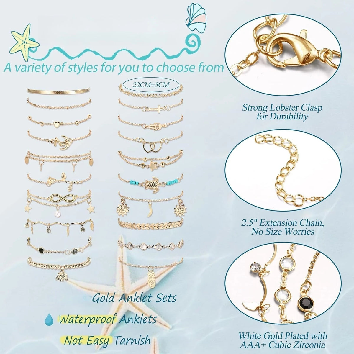 20Pcs Ankle Bracelets for Women, Waterproof Summer Beach Anklets, Boho Cute Charm Anklets, Layered or Stackable Women's Anklet Bracelets Set. Non Tarnish Foot Jewelry