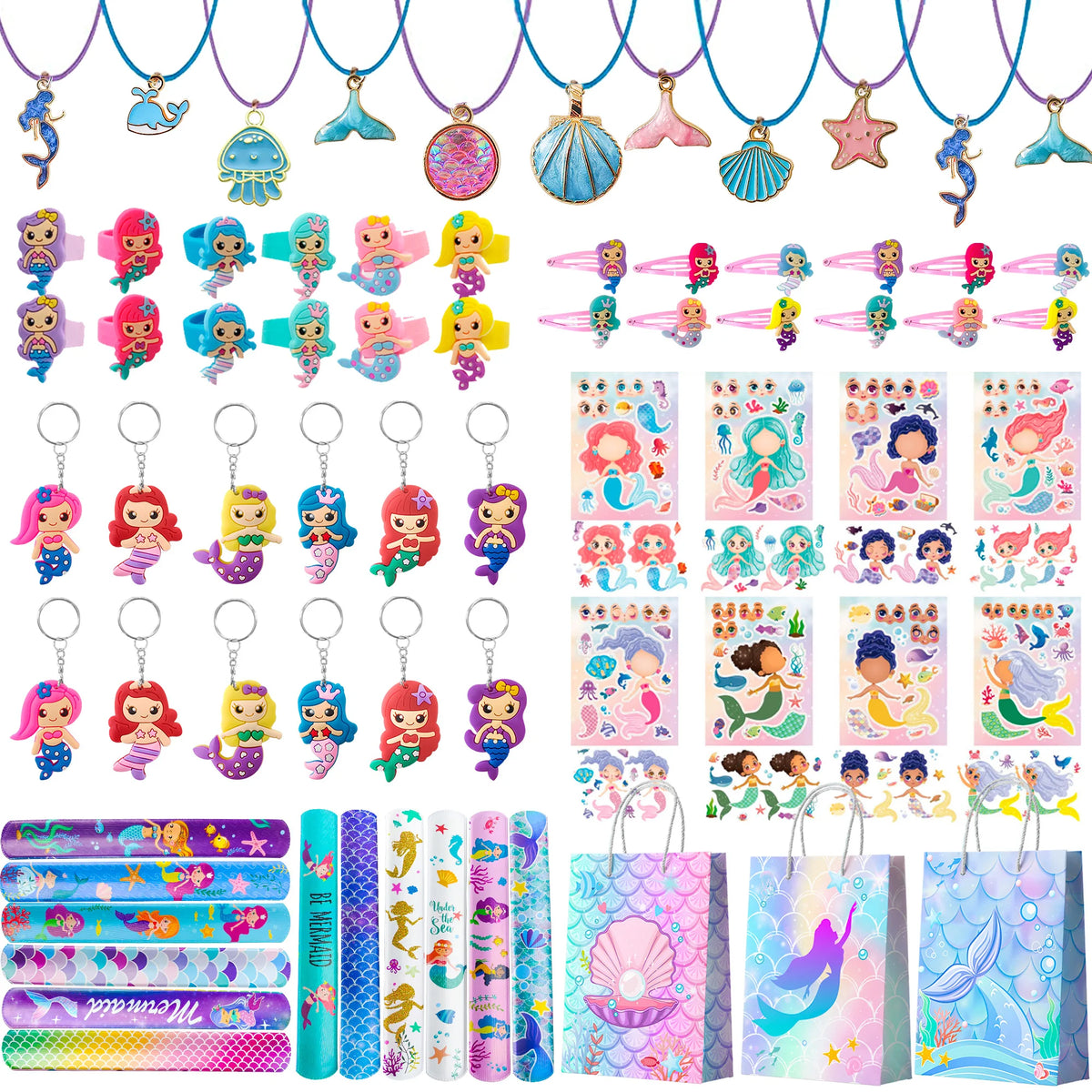84 Pcs Mermaid Party Favors for Boys and Girls - Mermaid Birthday Rings, Keychain, Slap Bracelets, Bags, Hair Clips, Necklace Etc. Mermaid Birthday Party Favors for Mermaid Birthday Decorations Supplies