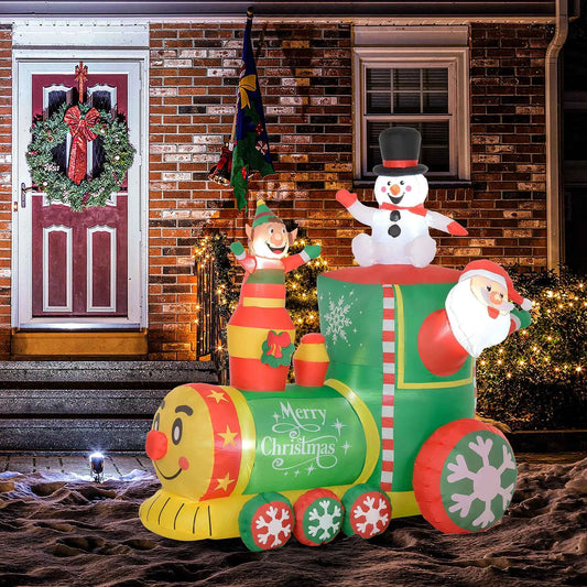 6FT Christmas Inflatables Train, Santa Claus and Snowman Drive Train Blow-Up Outdoor Christmas Decorations with White LED Lights.