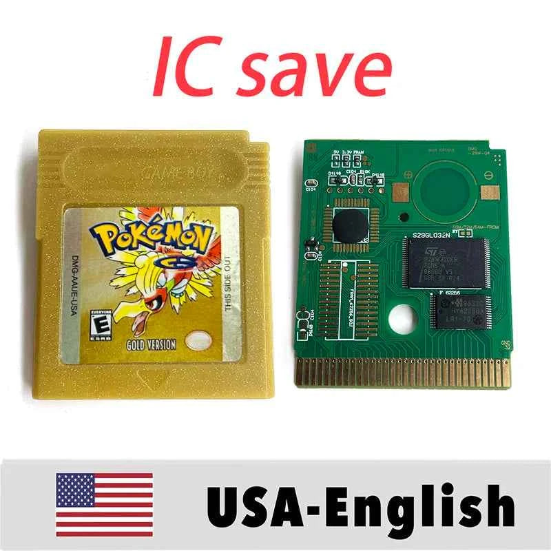 USA IC Save cart Pokemon Crystal, Red, Blue green,Yellow, Gold, Silver, Game Cartridge for GBC