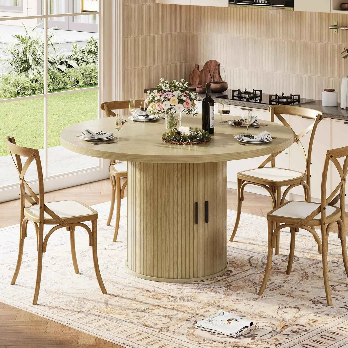 47 Inch Round Dining Table For 4-6 With Hidden Storage, 6 Bottle Wine Rack & Glass Holder, Kitchen Table For Home Dining