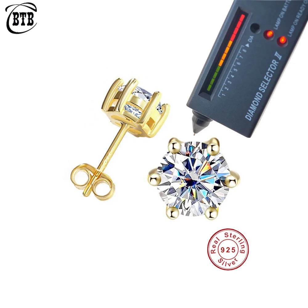 Classic Golden Six Claw Moissanite Stud Earrings for Woman