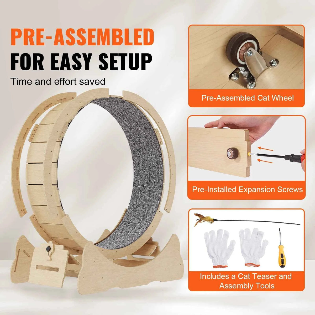 Wooden Exercise Wheel for Indoor Cat .Running Wheel with Detachable Carpet& Cat Teaser