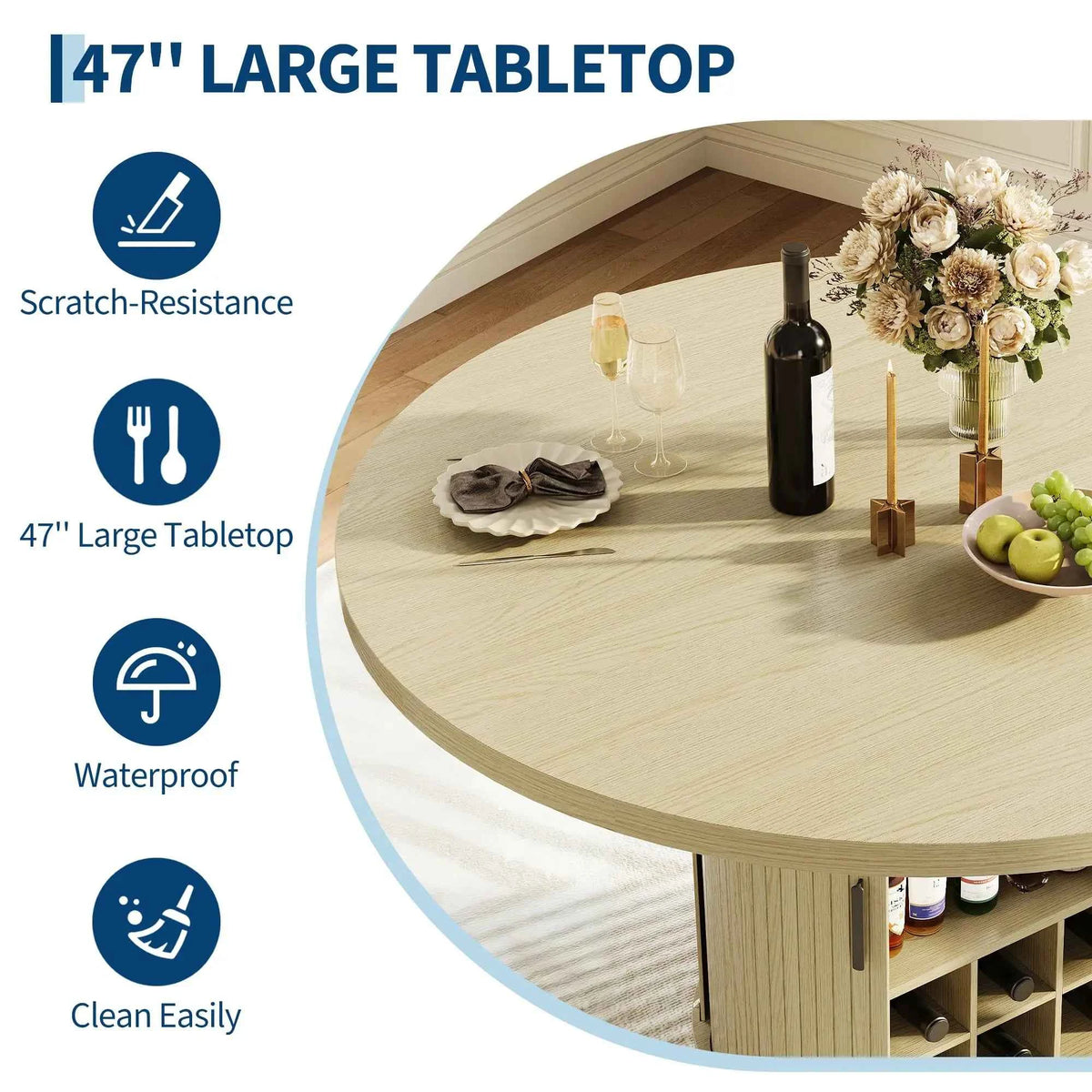 47 Inch Round Dining Table For 4-6 With Hidden Storage, 6 Bottle Wine Rack & Glass Holder, Kitchen Table For Home Dining