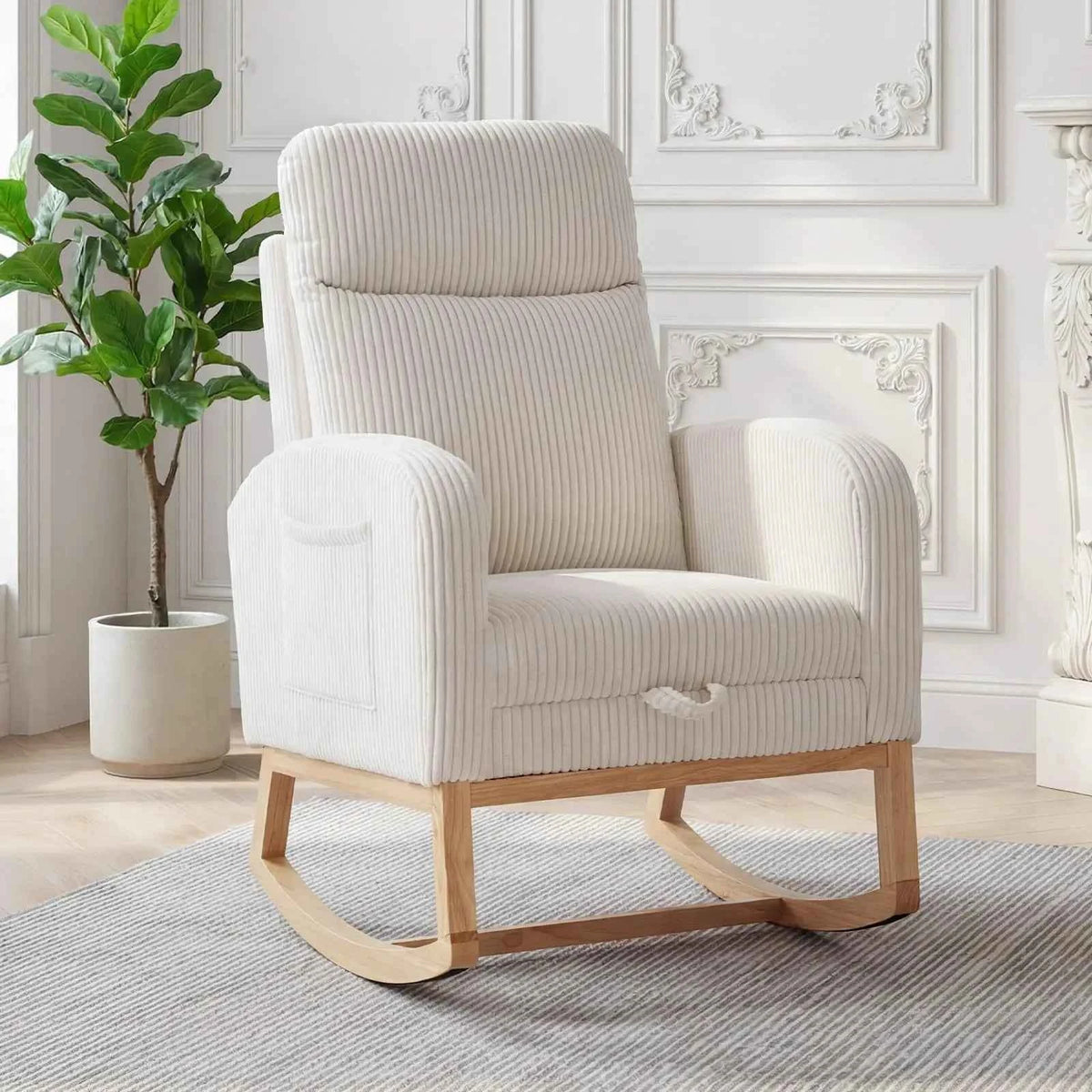 Corduroy Nursery Rocking Chair, Tufted Glider Rocker with Adjustable Footrest & Side Pocket for Bedroom Living Room