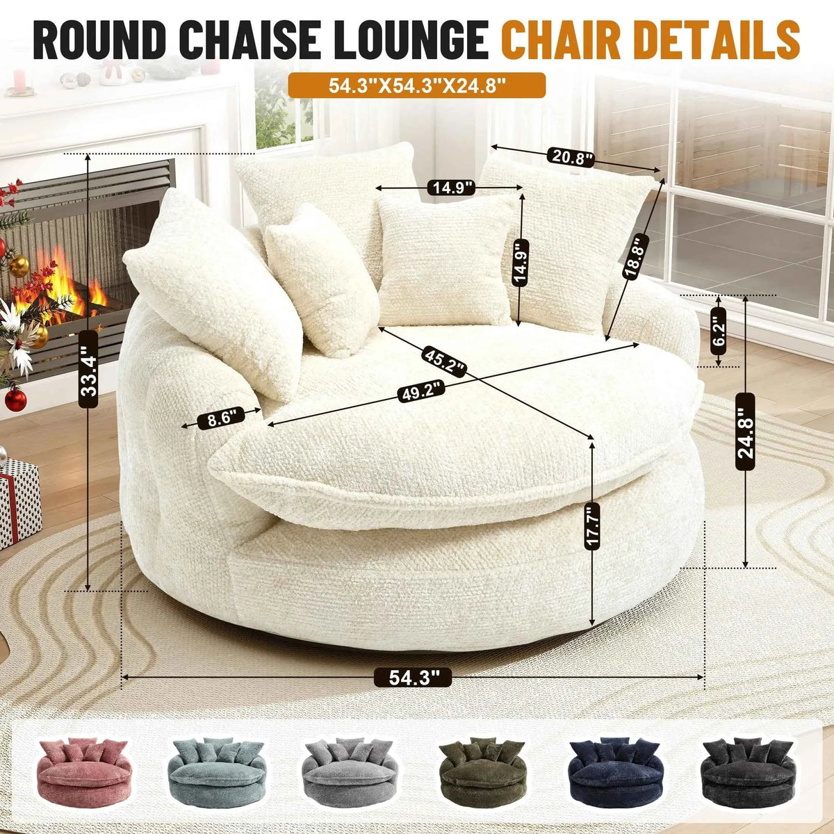54.3" Round Chaise Lounge Chair, Modern Upholstered Boneless Couch with 5 Throw Pillows and Deep Seat