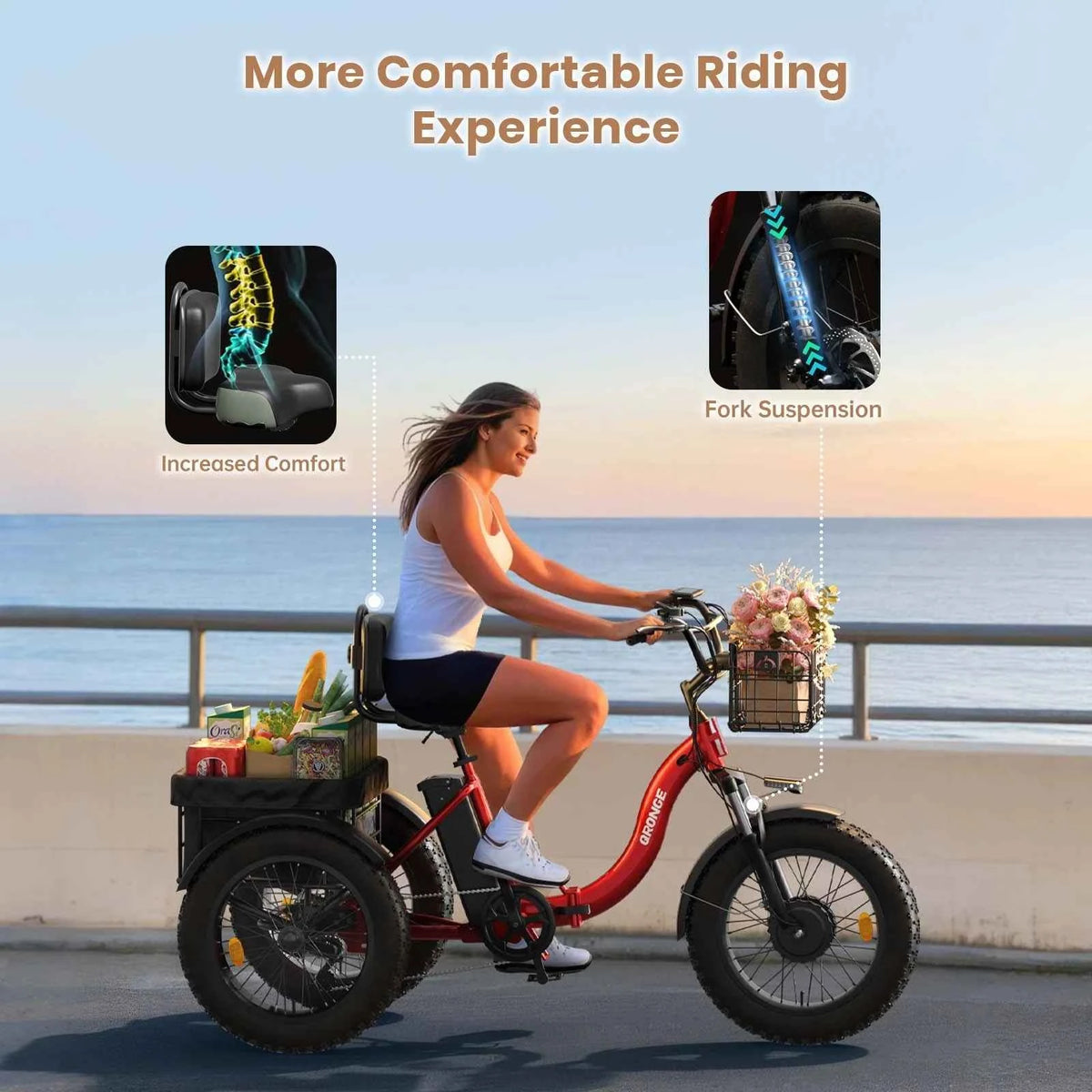 QRONGE Electric Bike for Adults 1200W Peak, 36V, 20AH Battery, Folding Electric Tricycle. 75 Miles Range Max. 20MPH, 20"*4" Fat Tire. Electric Trike