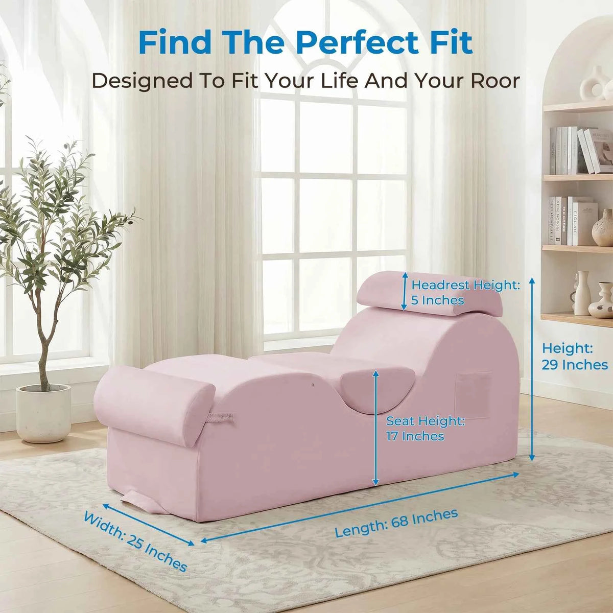 Velvet Curved Yoga Chaise Lounge Chair With Side Pockets. Movable Footrest, Headrest, And Waist Cushion. Adult Sofa Couch For Bedroom, Relaxation, Stretching