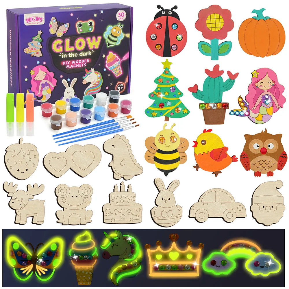 DIY Wooden Magnets. Wood Crafts Kit for Kids. Glow in The Dark, Arts Supplies Painting Kit, Fun Party Favors for Christmas Gifts