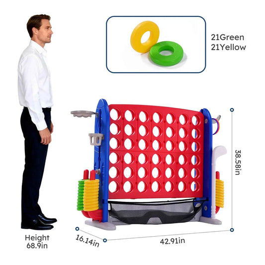 4-in-1 Giant Connect Game Set, Adjustable Height, Basketball Hoop, Ring Toss and Net Jumbo Outdoor Yard Game for Families Events