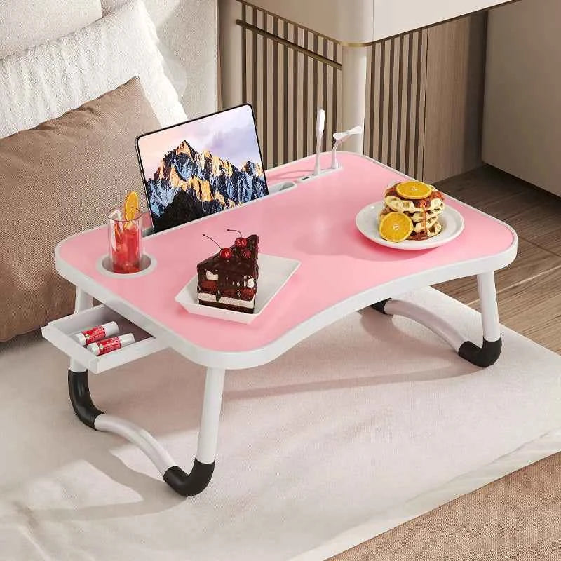 Portable & Foldable Laptop Table with Storage Drawer, Tablet Slot, & Cup Holder.