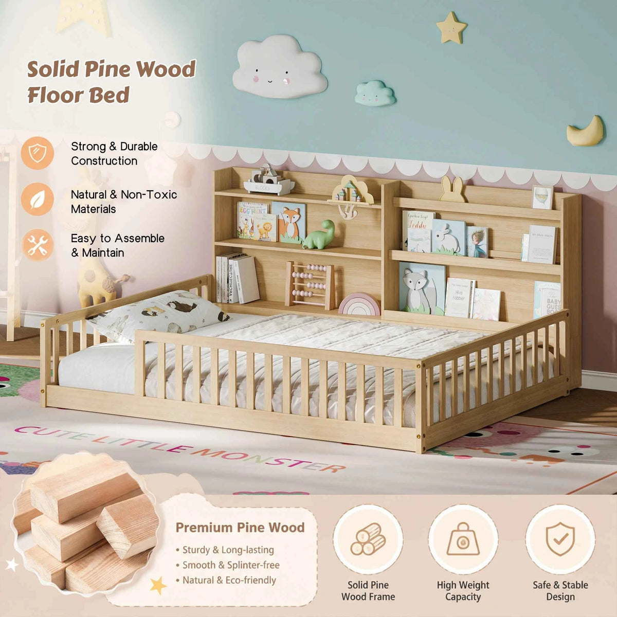 Full Size Floor Bed with Bookshelf & Safety Rails, Solid Pine Wood  Bed Frame, Low-to-Ground  for Kids or Toddler Bed with Wide Entrance, Natural