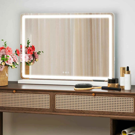 JHK LED Vanity Mirror with Lights. Aluminum Frame. Bathroom Mirror. Dimmable 3 Color Modes. Makeup Mirror Memory Function.