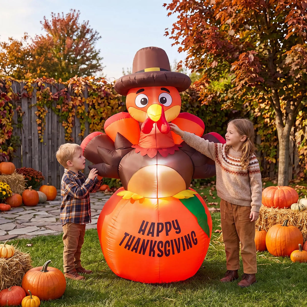 6ft Inflatable Thanksgiving Pumpkin and Turkey, With 7 Led Lights, Blower, Stakes & Ropes For Lawn, Porch, Garden.