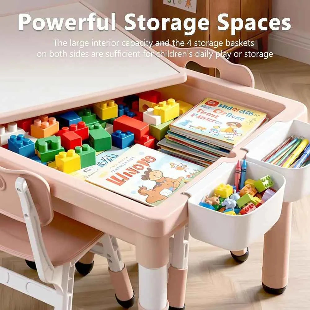 Kids Table & 4 Chairs Set, Height Adjustable Children Activity Table w/Storage, Graiti & Building Blocks Tabletop, Toddler urnit