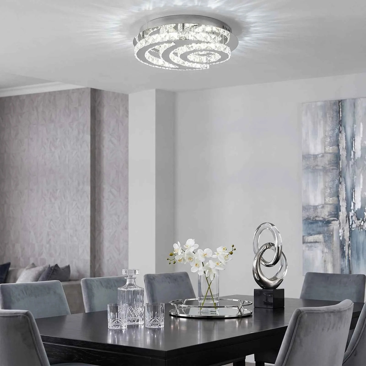 Modern Moon Shaped Ceiling Light, LED Crystal Flush Mount Chandelier.