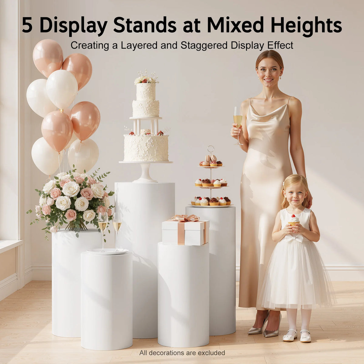 5PCS Cylinder Cake Display Stand Set.  Round Cylindrical Dessert Display Pedestal.