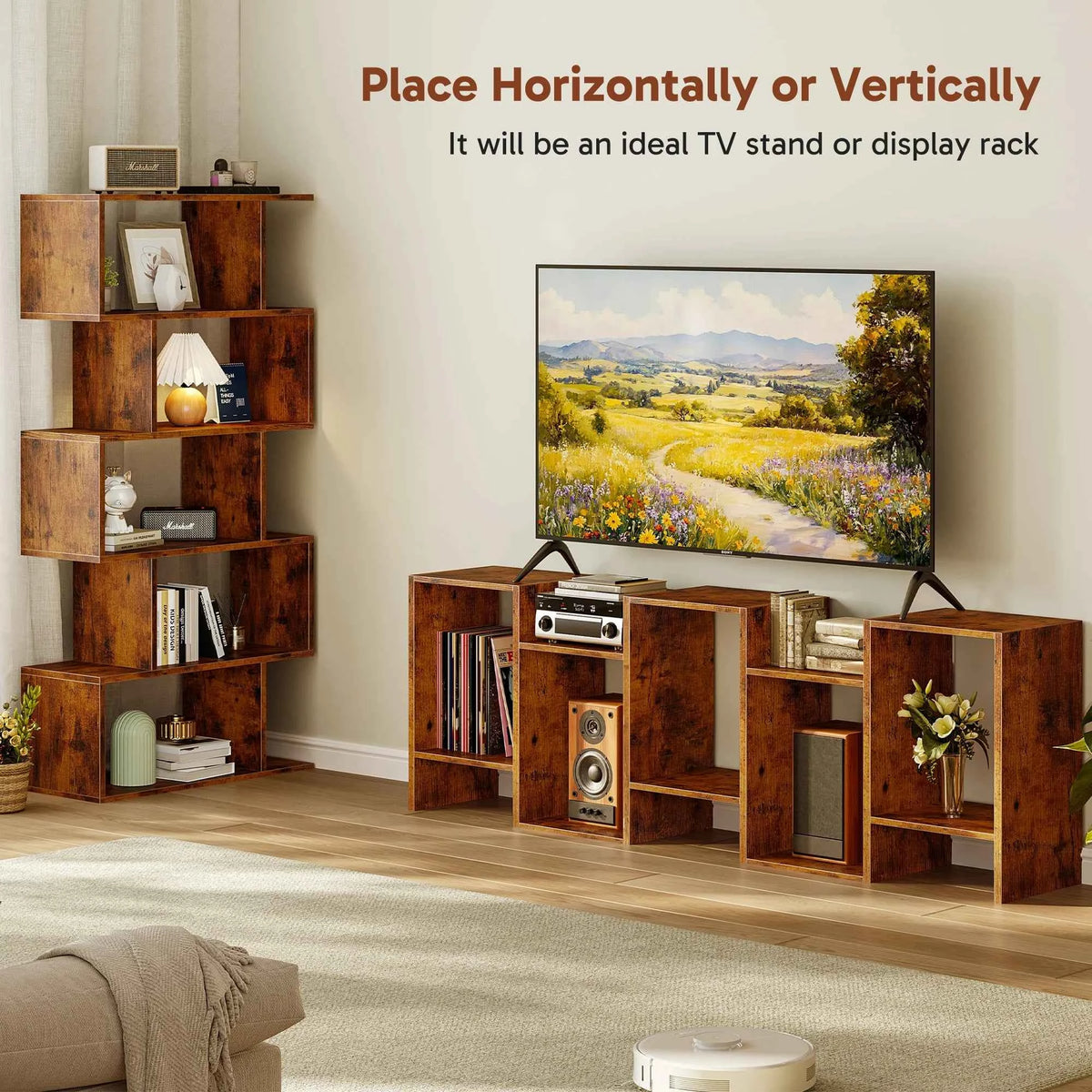 JHK 62 INCH Geometric Bookcase. 5 Tier S-Shaped Wooden Display. Bookshelf, Storage, Standing Shelf. Stable Frame, Graduated Shelves
