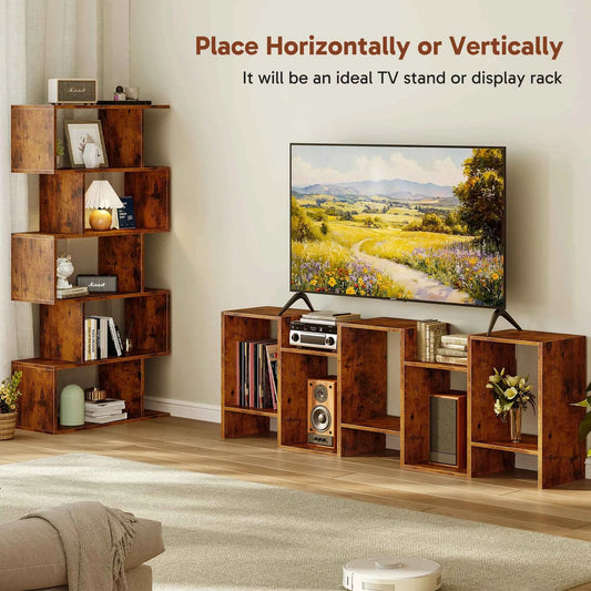 JHK 62 INCH Geometric Bookcase. 5 Tier S-Shaped Wooden Display. Bookshelf, Storage, Standing Shelf. Stable Frame, Graduated Shelves