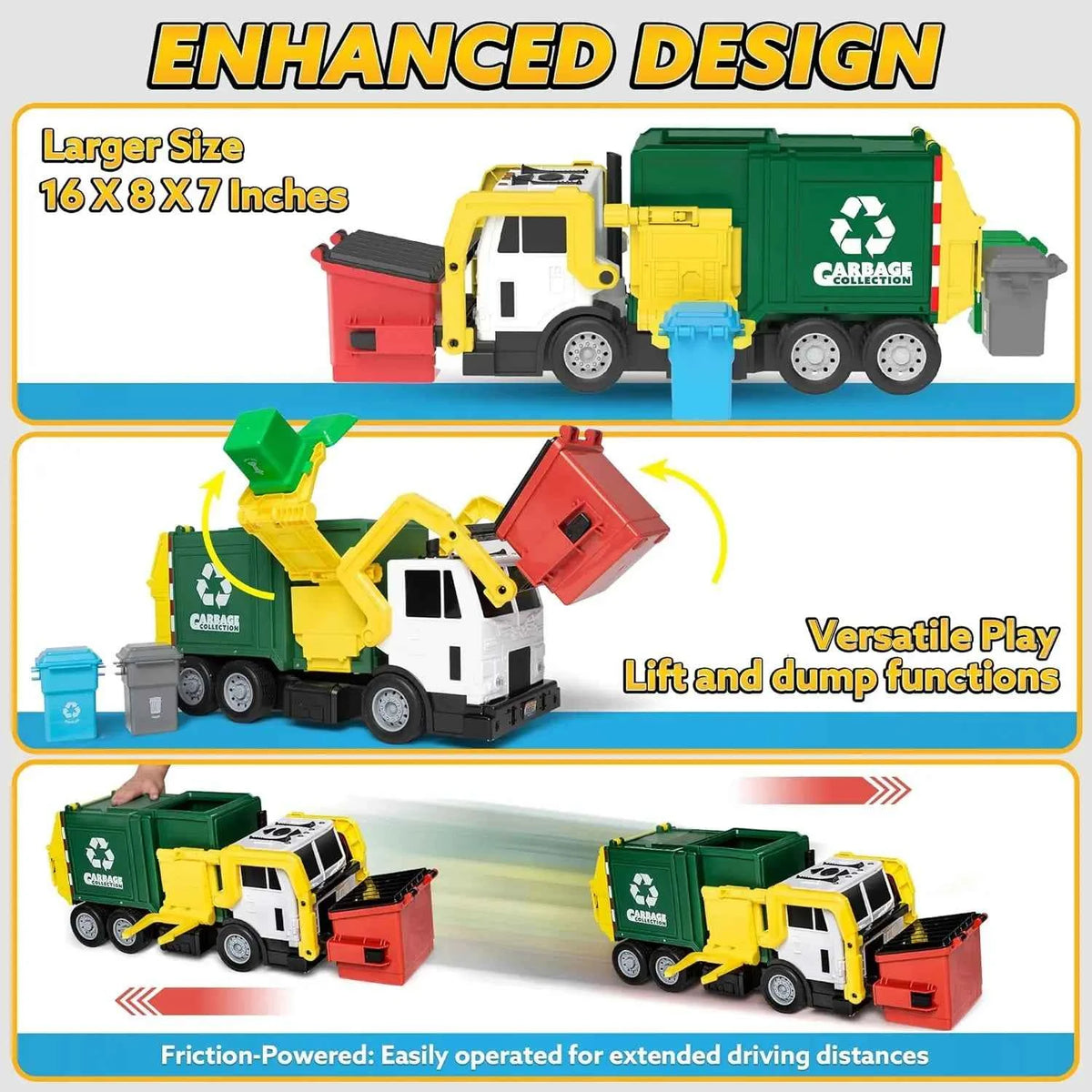 JOYFY Large Friction Powered Garbage Truck Toy Set & Includes Dumpster Trash Bins.