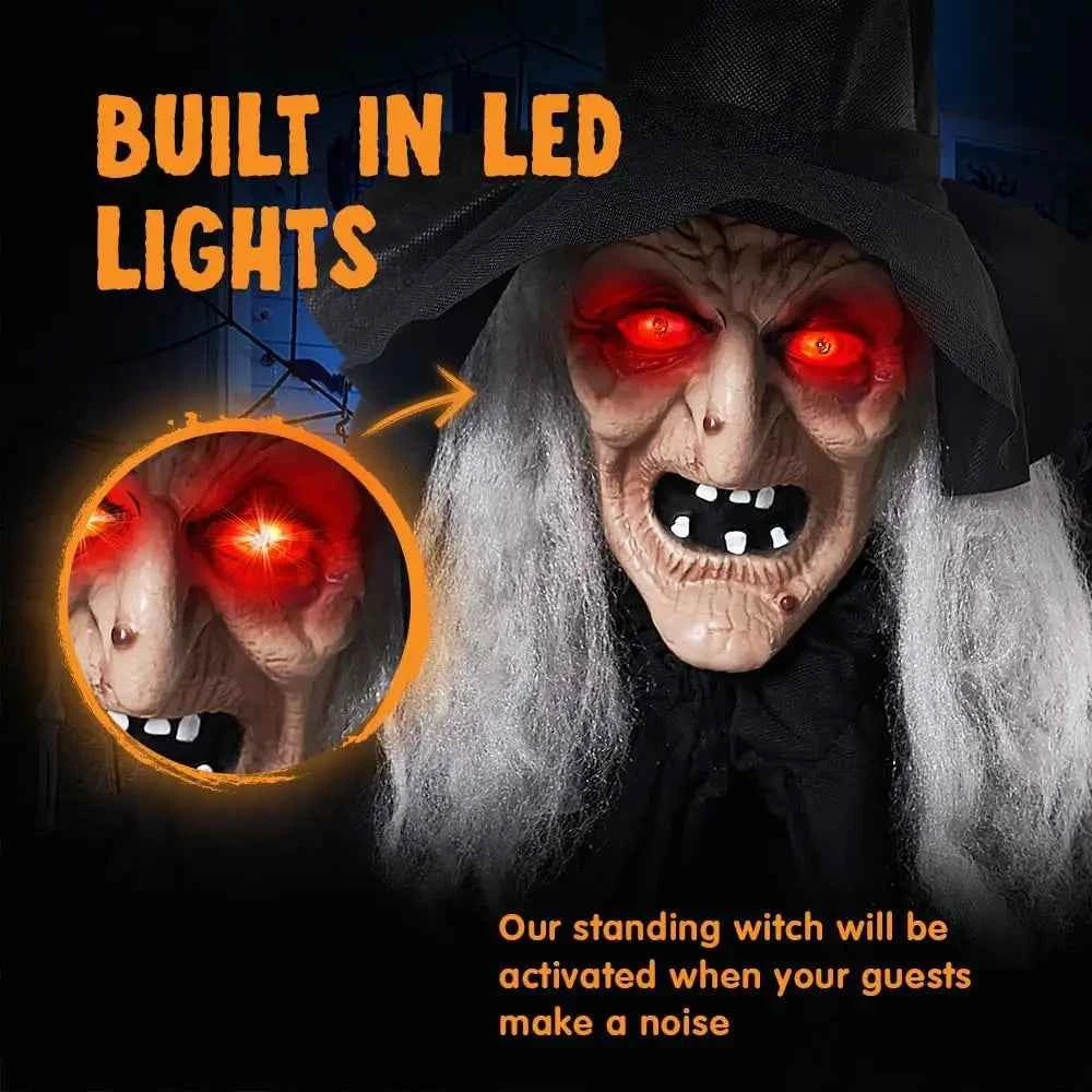 72" Animatronics Witch Outdoor Halloween Decorations with Cane. Life Size Animated Ghost. Haunted House Prop Décor with Creepy Sound and Light-up Eyes, Party Supplies