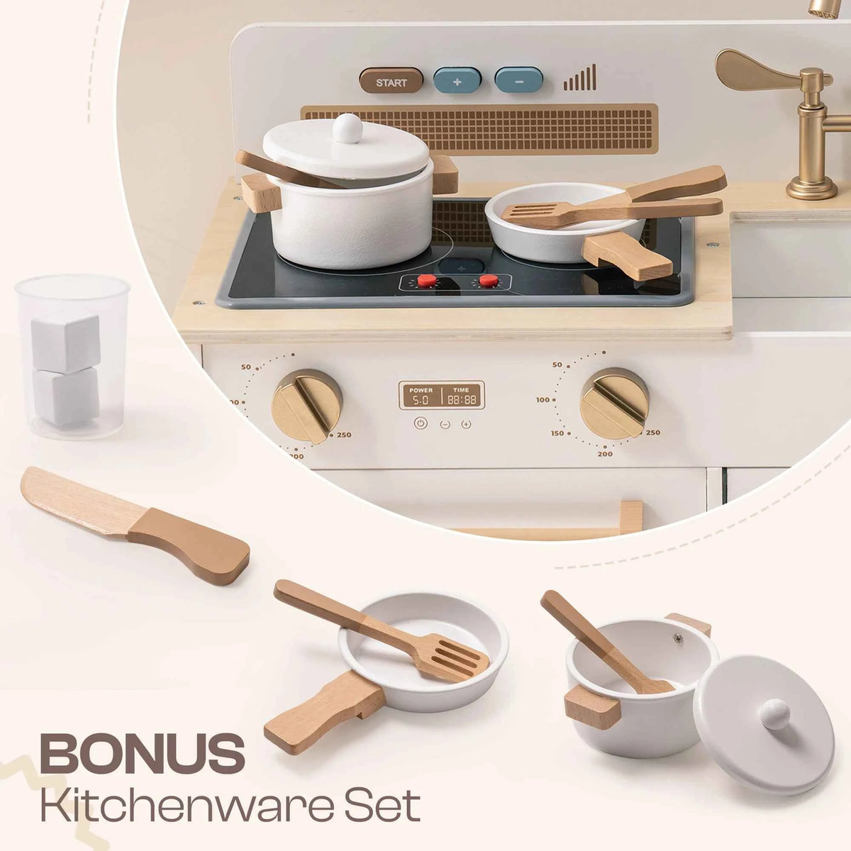 ROBUD Wooden Kids Kitchen Playset with Sound, Light, Stove, Oven Pot, and Utensils. Educational Role Play Toy Gift for 3-6 Years, White