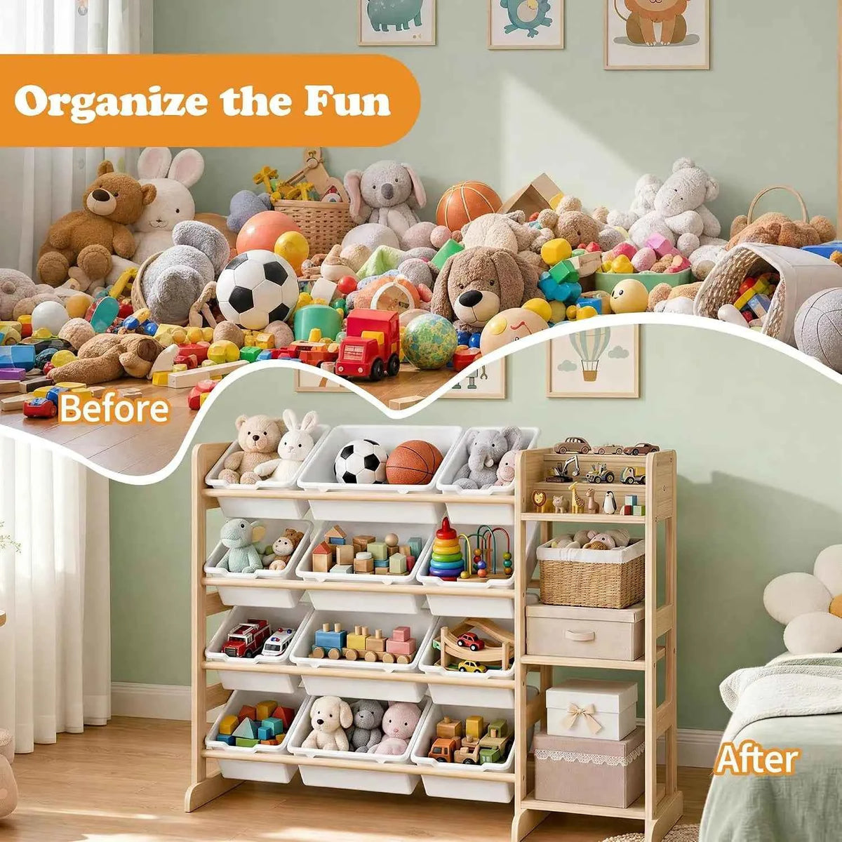 Tacleekii 42" 52" Wide Kids Toy Storage Organizer with 12 Bins & 3 Open Shelves. Solid Wood Storage Unit