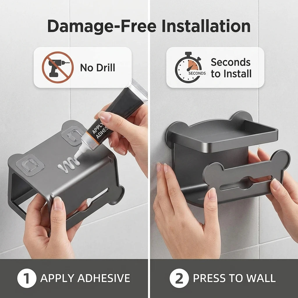 Toilet Paper Holder with Shelf. Wall Mounted Bathroom Tissue Box Storage Rack with Phone Stand for a Roll of Paper. Grey Modern Space Saving Dispenser, 7.87 x 5.51 x 4.92 Inches, Washroom Organizer