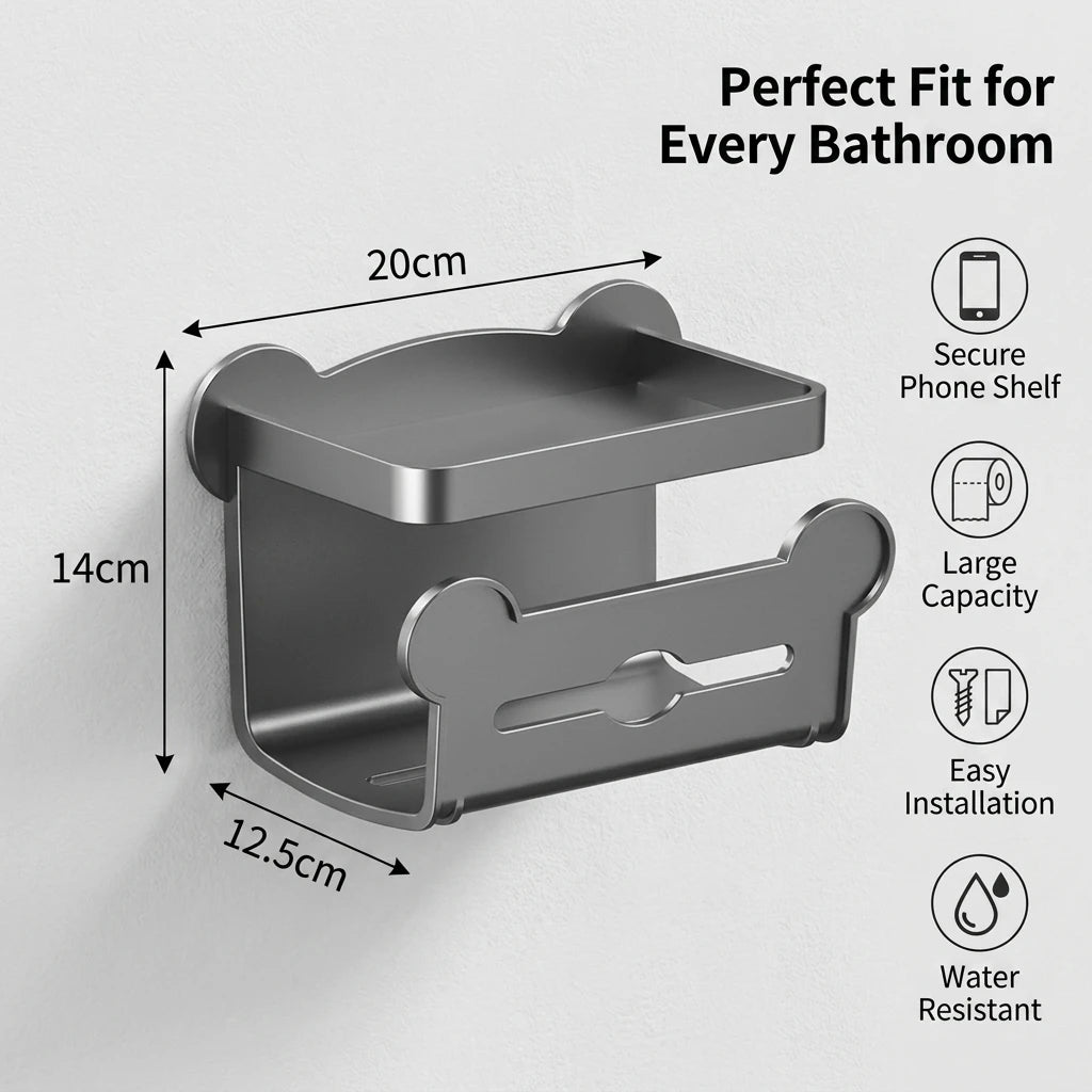 Toilet Paper Holder with Shelf. Wall Mounted Bathroom Tissue Box Storage Rack with Phone Stand for a Roll of Paper. Grey Modern Space Saving Dispenser, 7.87 x 5.51 x 4.92 Inches, Washroom Organizer