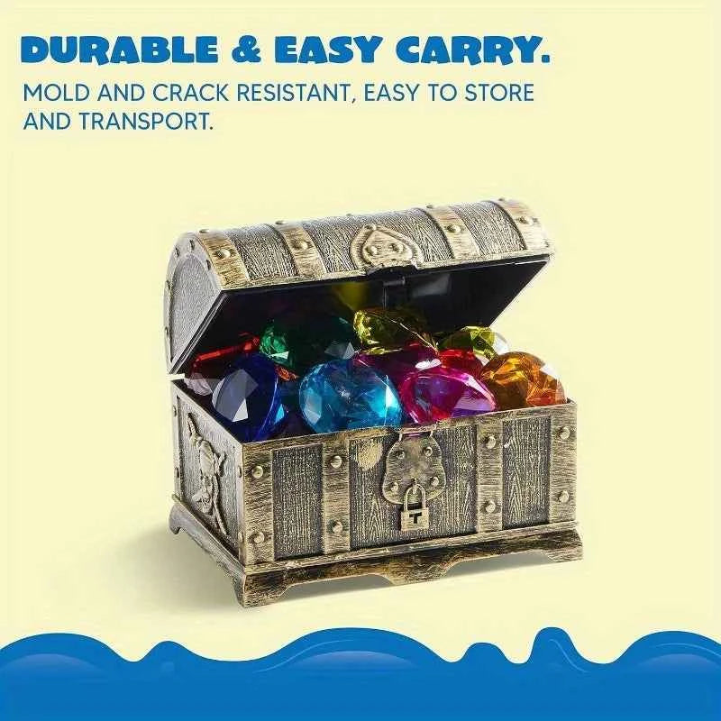 Joyfy Diving Gems Pool Toys. 16 Big Colorful Diamond with Pirate Treasure Chest for Kids Underwater Gemstone Swimming.