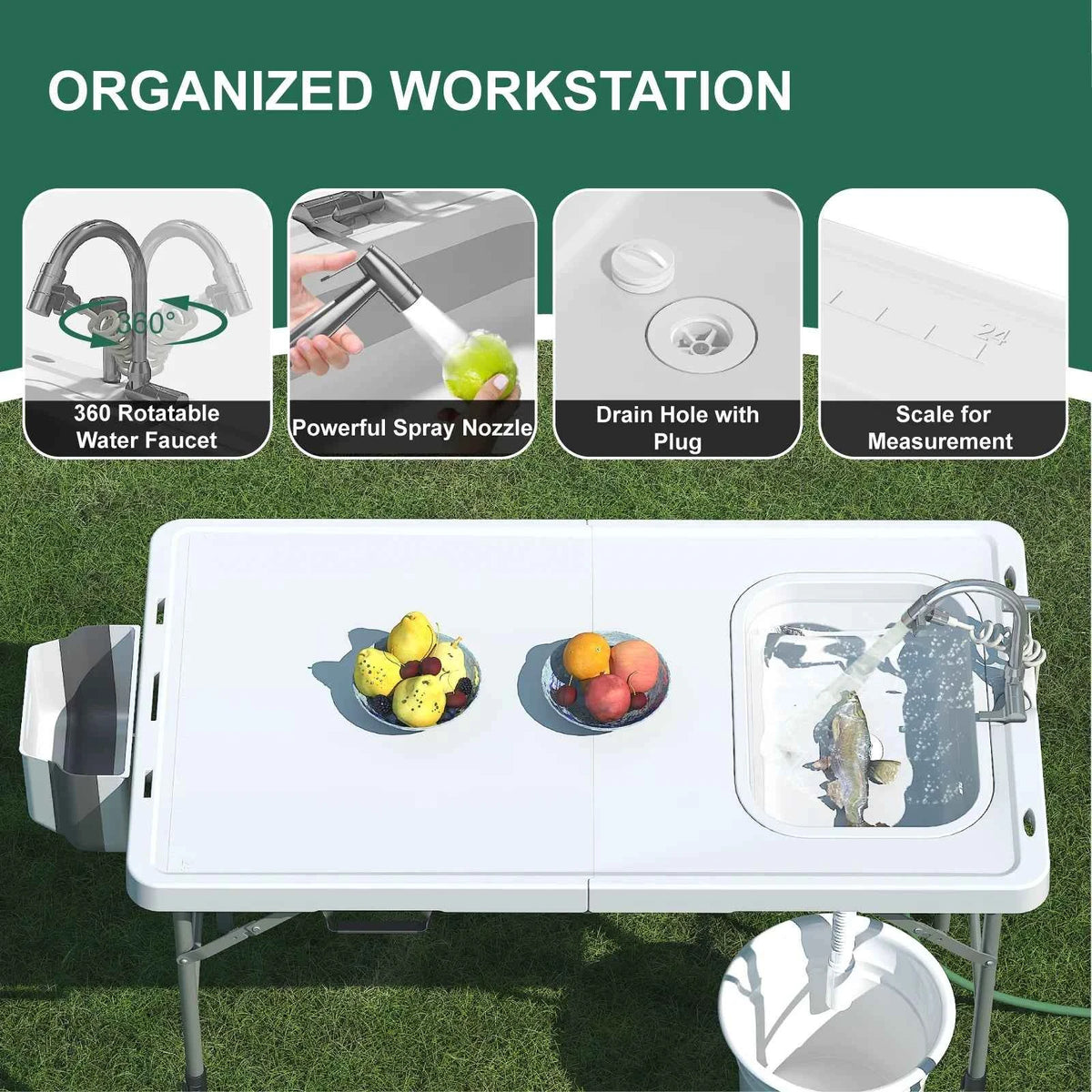 42.5"  Table with Sink, Folding Camping  Cleaning Station with Measure, Mark & Hose Hookup, Outdoor Fillet Table for Picnic, Beach, Patio, White