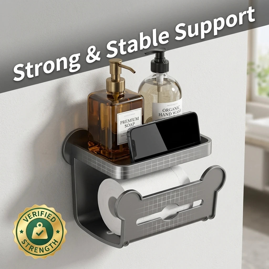 Toilet Paper Holder with Shelf. Wall Mounted Bathroom Tissue Box Storage Rack with Phone Stand for a Roll of Paper. Grey Modern Space Saving Dispenser, 7.87 x 5.51 x 4.92 Inches, Washroom Organizer